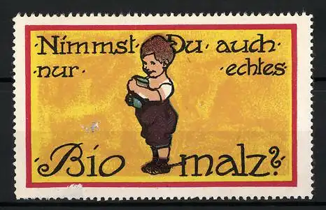 Reklamemarke Biomalz, Bube mit Dose Kräftigungspräparat