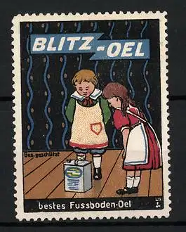 Reklamemarke Blitz-Oel ist bestes Fussboden-Oel, Kinderpaar blickt auf einen Kanister Öl