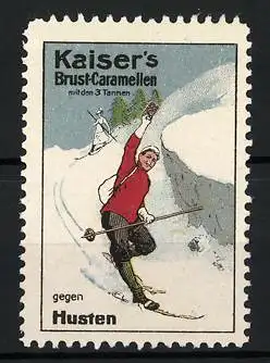 Reklamemarke Kaiser's Brust-Caramellen - gegen Husten, mit den 3 Tannen, Skifahrer