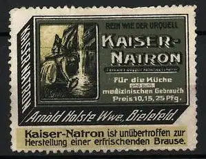 Reklamemarke Kaiser-Natron - rein wie der Urquell, Arnold Holste Wwe., Bielefeld, Schachtel, Frau an einer Quelle