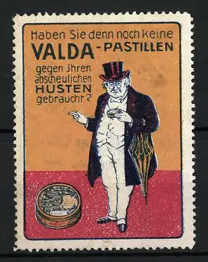 Reklamemarke Valda-Pastillen - gegen Husten, Mann mit Dose in der Hand