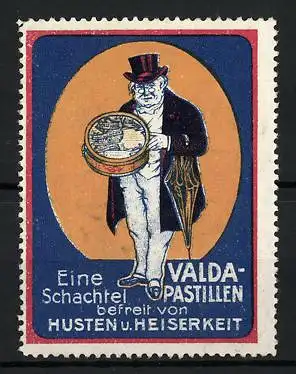 Reklamemarke Valda-Pastillen - befreit von Husten und Heiserkeit, Mann mit Dose