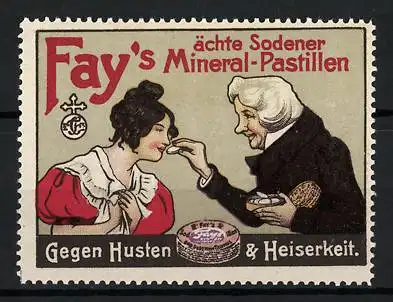 Reklamemarke Fay's ächte Sodener Mineral-Pastillen - gegen Husten und Heiserkeit, Verkäuferin mit Dose