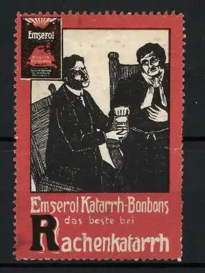Reklamemarke Emserol Katarrh-Bonbons - das Beste bei Rachenkatarrh, zwei Männer mit Schachel Bonbons
