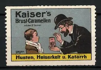 Reklamemarke Kaiser's Brust-Caramellen - gegen Husten, Heiserkeit und Katarrh, mit den 3 Tannen, Mann verschenkt Bonbons
