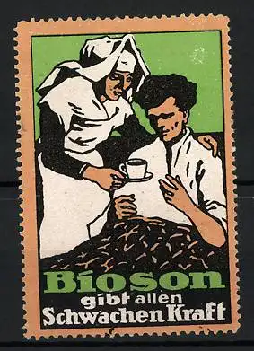 Reklamemarke Bioson - gibt allen Schwachen Kraft, Krankenschwester bringt eine Tasse