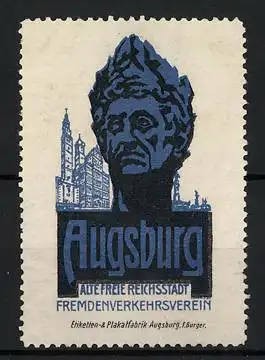 Reklamemarke Augsburg, Alte freie Reichsstadt, Fremdenverkehrsverein, Männerbüste und Stadtansicht
