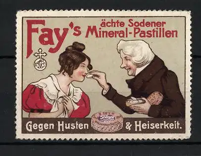 Reklamemarke Fay's ächte Sodener Mineral-Pastillen, gegen Husten und Heiserkeit, Verkäufer mit Kundin
