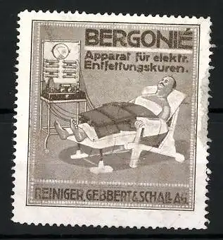 Reklamemarke Bergonié Apparat für elektr. Entfettungskuren, Reiniger, Gebbert & Schall AG, Patient auf einer Liege