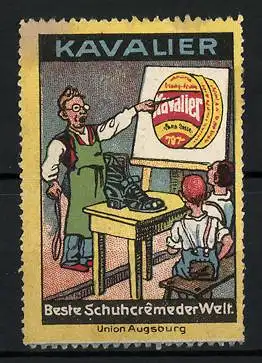 Reklamemarke Kavalier - beste Schuhcreme der Welt, Union Augsburg, Dose, Schuster mit Lehrlingen
