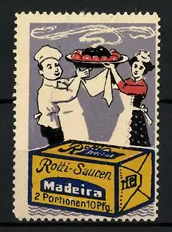 Reklamemarke Rotti-Saucen Madeira, Koch und Hausmädchen mit Tablett
