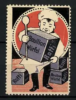 Reklamemarke Rotti Bouillon-Würfel, Koch mit Bouillonwürfel und Kochlöffel