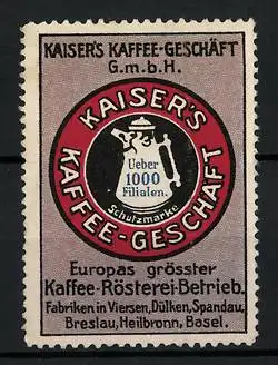 Reklamemarke Kaiser's Kaffee-Geschäft GmbH, Europas grösster Kaffee-Rösterei-Betrieb, Firmenlogo Kaffeekanne