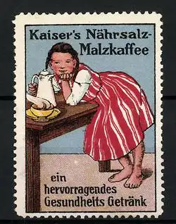 Reklamemarke Kaiser's Nährsalz-Malzkaffee - ein hervorragenes Gesundheits-Getränk, Mädchen mit Kaffeekanne am Tisch