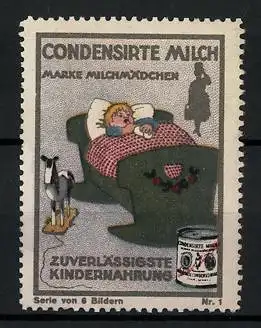 Reklamemarke Milchmädchen Condensirte Milch, zuverlässigste Kindernahrung, Baby in der Wiege