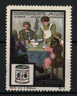 Reklamemarke Milchmädchen Condensirte Milch, unentbehrlich im Haushalt, Familie am Tisch, Bild 3 von 6