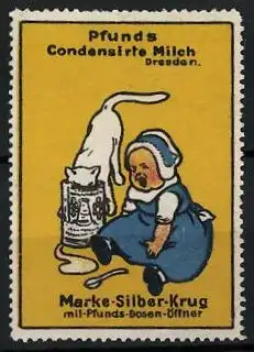 Reklamemarke Pfunds Condensirte Milch, Marke Silber-Krug, mit Pfunds Dosenöffner, Katze nascht Milch aus einer Dose