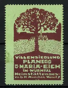 Reklamemarke Planegg, Villensiedlung Planegg ü. Maria-Eich im Würmtal, Ortsansicht und Baum