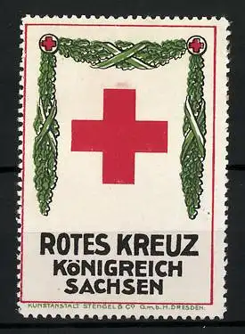 Reklamemarke Rotes Kreuz Königreich Sachsen, Rotes Kreuz mit Eichenblättergirlande