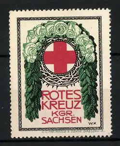 Reklamemarke Rotes Kreuz Kgr. Sachsen, Rotes Kreuz mit Rosen- und Blätterbogen