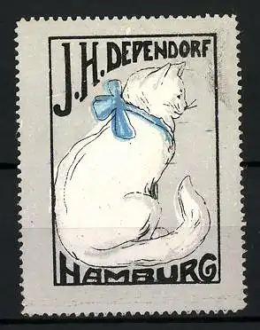 Reklamemarke J. H. Dependorf, Hamburg, weisse Katze mit blauer Schleife am Hals