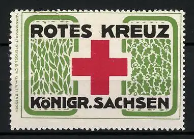 Reklamemarke Rotes Kreuz Königr. Sachsen, Rotes Kreuz und Blätterornamente