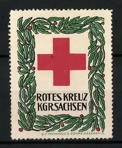 Reklamemarke Rotes Kreuz Königreich Sachsen, Rotes Kreuz und Blätter