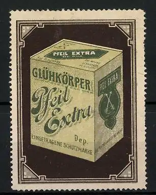 Reklamemarke Pfeil-Extra Glühkörper, eingetragene Schutzmarke, Schachtel