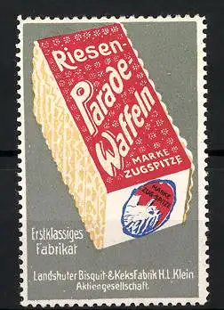 Reklamemarke Riesen-Parade-Waffeln, Marke Zugspitze, Landshuter Bisquit- und Keksfabrik H. I. Klein AG, Verpackung