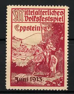 Reklamemarke Eppstein, Mittelalterliches Volksfestspiel 1913, Knappe steht am Ortsrand