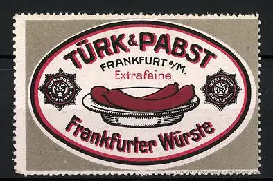 Reklamemarke Frankfurter Würste, Extrafein, Türk & Pabst, Frankfurt a. M., Würste liegen auf einem Teller
