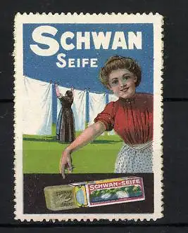 Reklamemarke Schwan-Seife, Waschfrau an der Wäscheleine