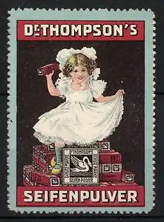 Reklamemarke Dr. Thompson's Seifenpulver, Mädchen sitzt auf Seifenpulverschachteln