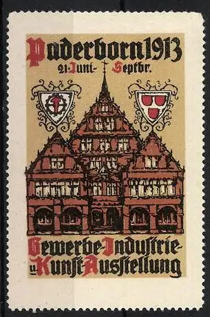 Reklamemarke Paderborn, Gewerbe-, Industrie- und Kunst-Ausstellung 1913, Häuser und Wappen