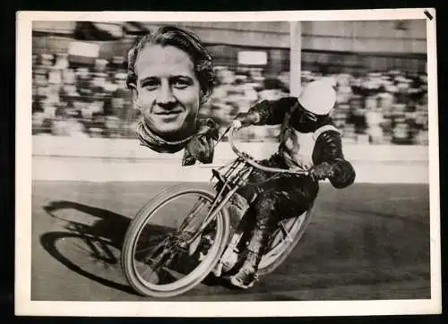 Fotografie Motorrad Speedway Rennmotorrad in Kurvenfahrt, Rennfahrer Portrait