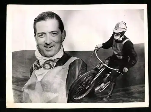 Fotografie Motorrad Speedway Rennmotorrad und Rennfahrer Portrait mit Schutzbrille