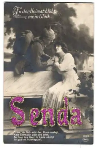 Foto-AK Amag Nr.: 803 /1, Soldat mit Marschgepäck und Pickelhaube innig mit seiner Liebsten