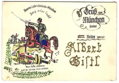 AK München, Heeres-Lehrschmiede-München, Soldat in Uniform mit seinem Degen zu Pferde, Papierkunst-Element