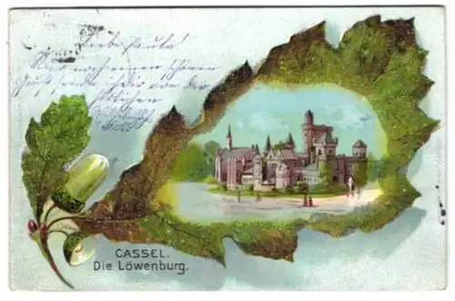 Passepartout-Lithographie Kassel, Blick auf die Löwenburg