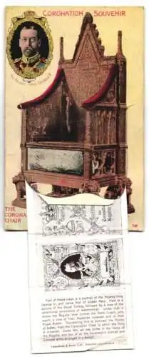Leporello-AK King George V. and the Coronation Chair, Queen Mary, Royal Throne, Regalia, Prince of Wales