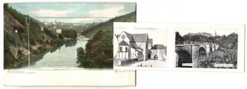 Leporello-AK Rochsburg, Ortsansicht mit Mulde, Gräfl. Schönburg, Partie im Brauseloch, Göhrner Eisenbahnbrücke