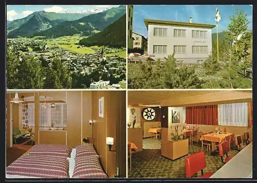 AK Davos-Platz, Die Pension Elli mit Innenansichten, Bergpanorama