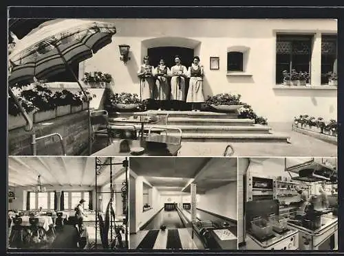 AK Erlenbach-Zürich, Restaurant-Hotel Goldenes Kreuz, Terrasse und Speiseraum mit Bediensteten, Kegelbahn, Küche
