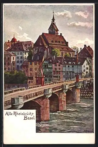 Künstler-AK Basel, alte Rheinbrücke