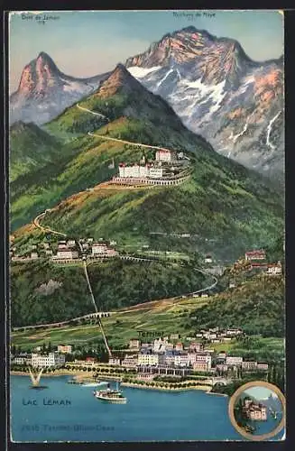 AK Territet, Bergbahn Glion-Territet mit Gebirgspanorama, Bergbahn, Dampfer