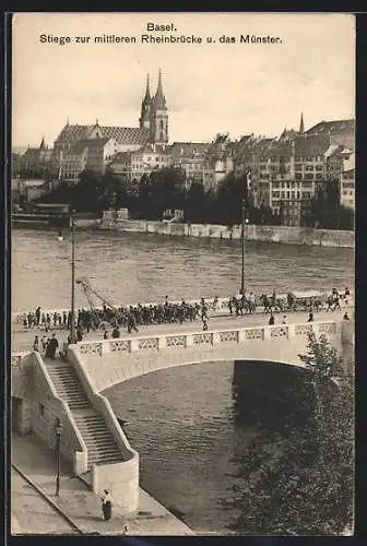 AK Basel, Stiege zur mittleren Rheinbrücke und das Münster