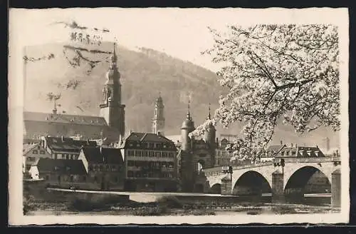 AK Heidelberg / Neckar, Ortspartie mit Brücke im Frühling