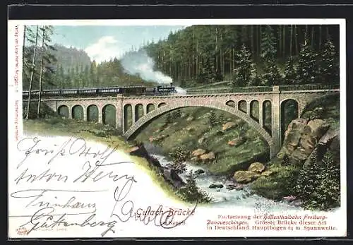 AK Gutach / Waldkirch, Brücke vom Ufer aus mit Eisenbahn