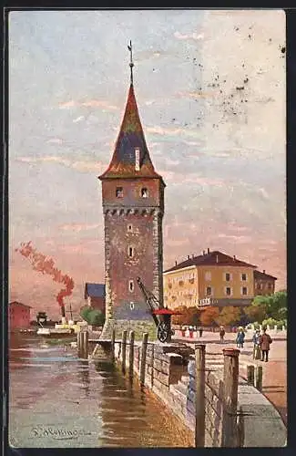 Künstler-AK Lindau / Bodensee, Alter Leuchtturm mit Dampfer