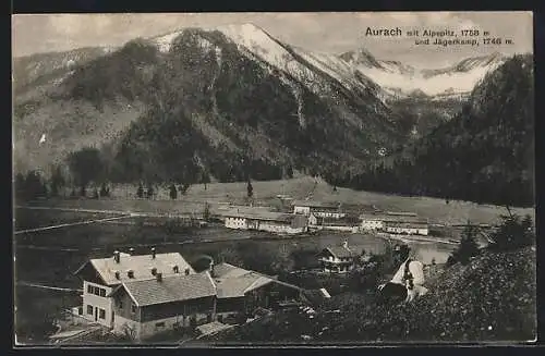 AK Aurach / Fischbachau, Ortsansicht mit Alpspitz und Jägerkamp